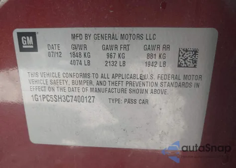 2012 Chevrolet Cruze Ls из США, поврежденный, VIN 1G1PC5SH3C7400127